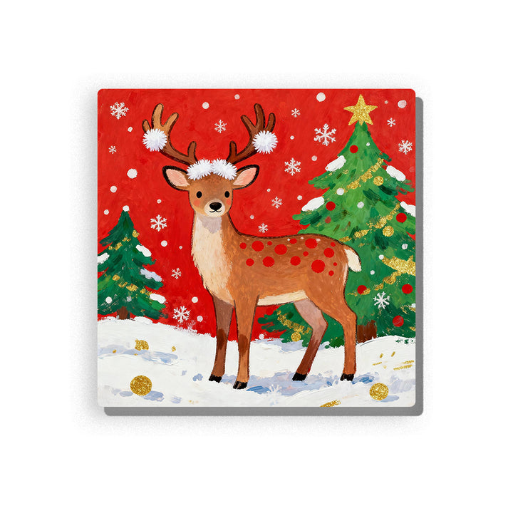 Christmas deer standing in snowy forest with brown antlers, red back spots, fluffy white pom-pom details, green Christmas trees, red background, snowflakes, gold ornaments, and festive winter decor, Paint by Numbers kit for kids by PaintEasy.
