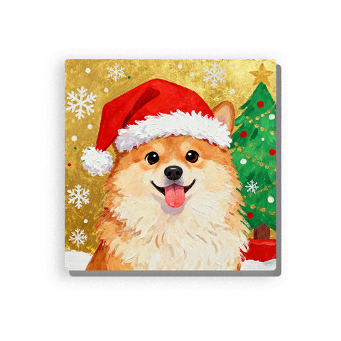 Christmas corgi wearing a red Santa hat, with golden-brown fur, cream chest, happy face, green Christmas tree, white snowflakes, gold background, and festive holiday details, Paint by Numbers kit for kids by PaintEasy.