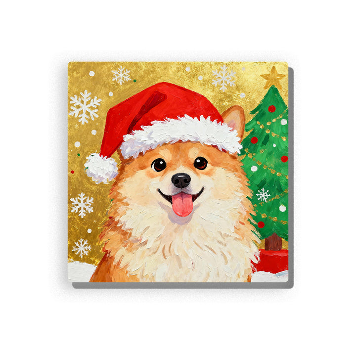 Christmas corgi wearing a red Santa hat, with golden-brown fur, cream chest, happy face, green Christmas tree, white snowflakes, gold background, and festive holiday details, Paint by Numbers kit for kids by PaintEasy.