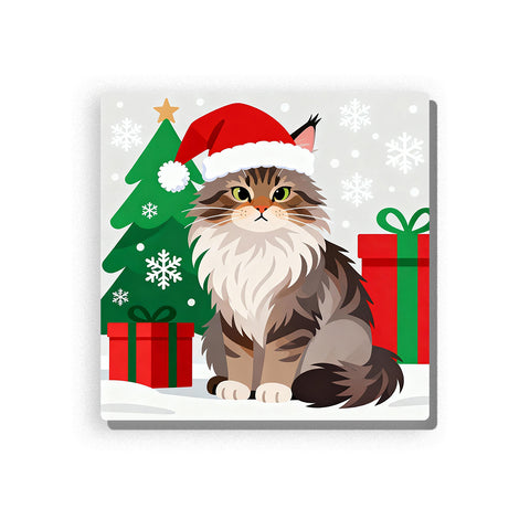 Christmas tabby cat wearing a red Santa hat, with green eyes, fluffy white chest, striped fur, green Christmas tree, red gift boxes, snowflakes, and snowy holiday background, Paint by Numbers kit for kids by PaintEasy.