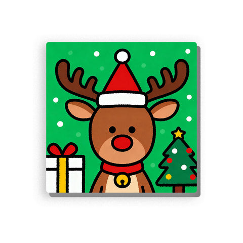Cute Christmas reindeer with Santa hat, brown antlers, red nose, yellow bell collar, green holiday background, falling snow dots, Christmas tree, and gift box, Paint by Numbers kit for kids by PaintEasy.