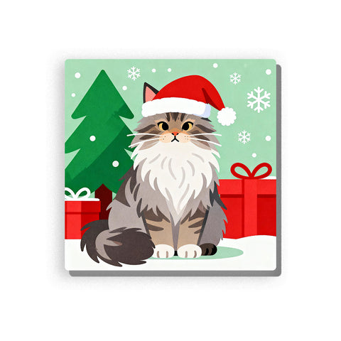 Christmas gray tabby cat wearing a red Santa hat, with fluffy white chest, green eyes, striped fur, green Christmas tree, red gift boxes, white snowflakes, falling snow dots, and pale mint holiday background, Paint by Numbers kit for kids by PaintEasy.