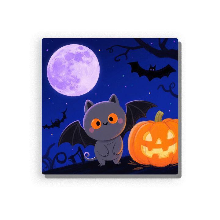 Cute gray bat cat with orange eyes and tiny fangs sitting beside a glowing jack-o’-lantern pumpkin under a large purple full moon, with black bats, twisted branches, stars, deep blue night sky, and Halloween details, Paint by Numbers kit for kids by PaintEasy.