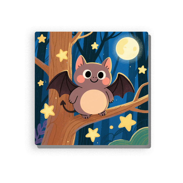 Cute bat owl sitting on a tree branch under a full moon, with small bat wings, pointed ears, rosy cheeks, glowing yellow stars, brown tree trunk, and deep blue forest background, Paint by Numbers kit for kids by PaintEasy.
