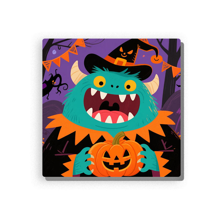 Turquoise Halloween monster wearing a black witch hat and holding an orange jack-o’-lantern pumpkin, with yellow eyes, cream horns, white fangs, orange collar, purple spooky background, bunting flags, spider, and black cat details, Paint by Numbers kit for kids by PaintEasy.