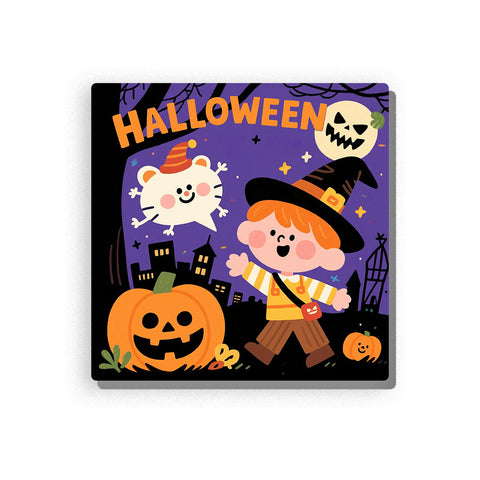 Halloween child wearing a witch hat with cute ghost, orange jack-o’-lantern pumpkin, skull decoration, purple night sky, black houses, stars, tree branches, and festive Halloween lettering, Paint by Numbers kit for kids by PaintEasy.