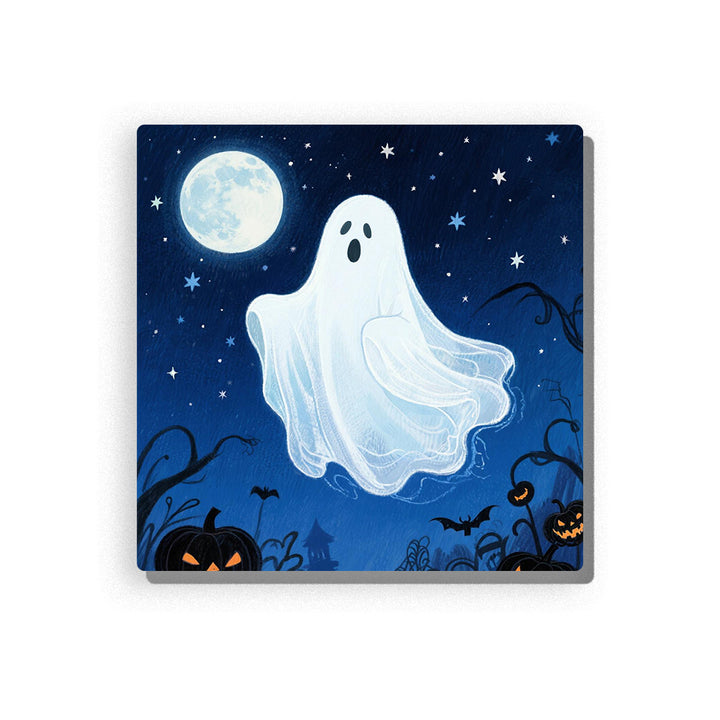 Floating white ghost under a glowing full moon with deep blue night sky, stars, black bats, curling vines, jack-o’-lantern pumpkins, and soft Halloween garden details, Paint by Numbers kit for kids by PaintEasy.