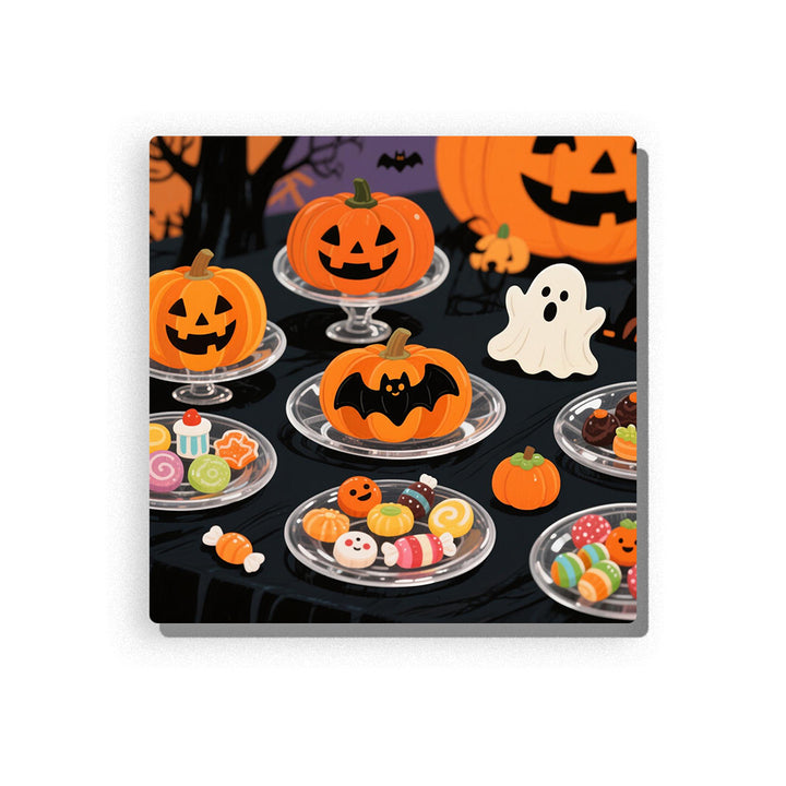 Halloween pumpkin candy table with jack-o’-lantern pumpkins, white ghost, bat decoration, colorful candies, cupcakes, glass plates, black tablecloth, purple-orange background, and festive party details, Paint by Numbers kit for kids by PaintEasy.