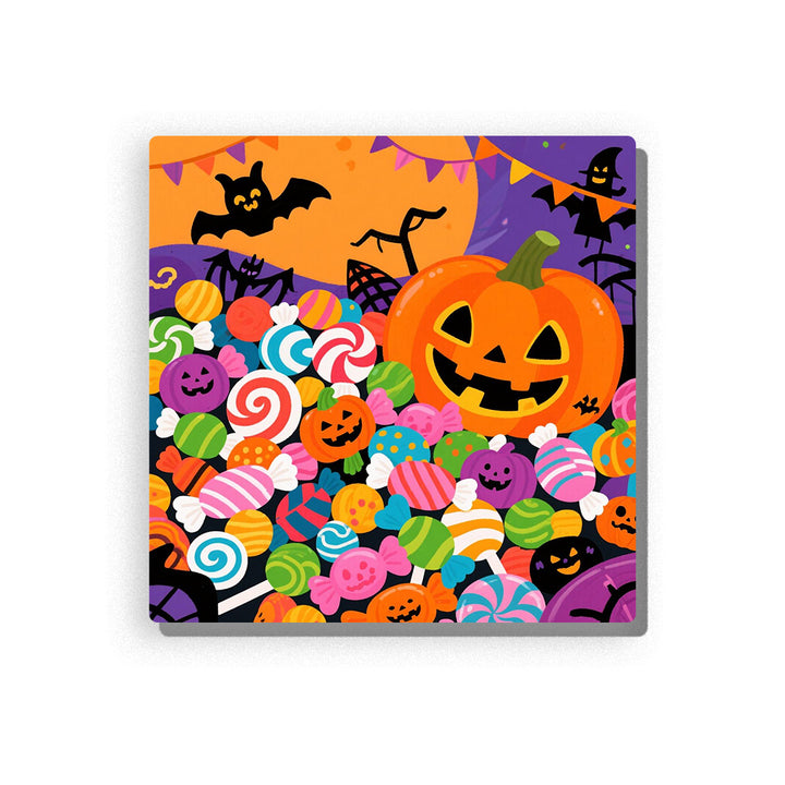 Halloween candy pile with colorful wrapped sweets, spiral lollipops, mini pumpkin candies, large jack-o’-lantern pumpkin, purple banners, bats, black cat decoration, spiderwebs, and festive party background, Paint by Numbers kit for kids by PaintEasy.