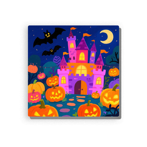 Halloween castle with pink and purple towers, glowing yellow windows, orange jack-o’-lantern pumpkins, crescent moon, black bats, deep blue night sky, twisted branches, and festive fantasy details, Paint by Numbers kit for kids by PaintEasy.