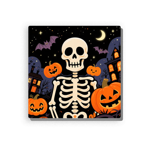 Halloween skeleton with cream bones standing among orange jack-o’-lantern pumpkins, purple bats, crescent moon, tiny stars, haunted houses, glowing windows, and deep black night sky, Paint by Numbers kit for kids by PaintEasy.