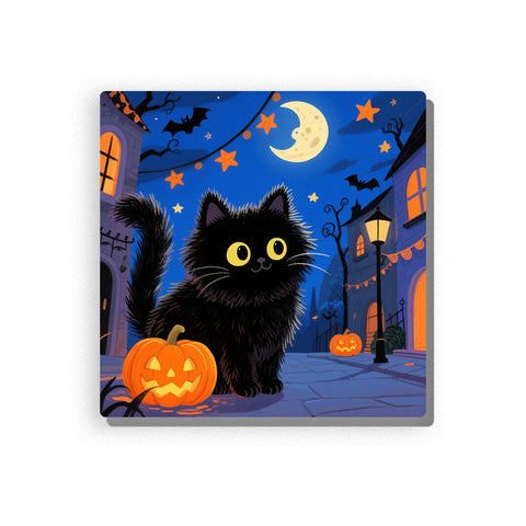 Black cat with bright yellow eyes beside a glowing jack-o’-lantern on a Halloween street, with crescent moon, orange stars, bats, black tree branches, glowing windows, street lamp, and deep blue night background, Paint by Numbers kit for kids by PaintEasy.