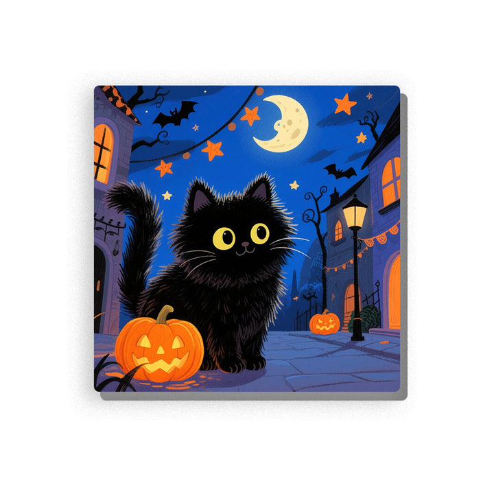 Black cat with bright yellow eyes beside a glowing jack-o’-lantern on a Halloween street, with crescent moon, orange stars, bats, black tree branches, glowing windows, street lamp, and deep blue night background, Paint by Numbers kit for kids by PaintEasy.