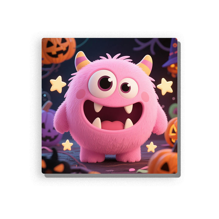 Pink fluffy Halloween monster with big eyes, striped horns, cute fangs, rosy cheeks, glowing stars, orange jack-o’-lantern pumpkins, purple decorations, and dark party background, Paint by Numbers kit for kids by PaintEasy.