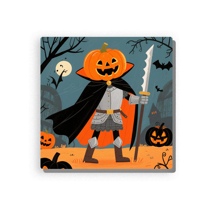 Pumpkin head knight in gray armor with black cape and silver spear standing in a Halloween forest, with jack-o’-lantern pumpkins, twisted trees, bats, moon, orange ground, and spooky blue-gray background, Paint by Numbers kit for kids by PaintEasy.