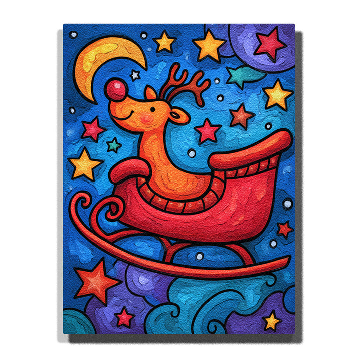 Orange reindeer riding in a red sleigh under a golden crescent moon, with yellow stars, red and teal star shapes, deep blue background, curved sleigh runners, and festive holiday details, Paint by Numbers kit for kids by PaintEasy.