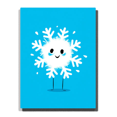 Smiling white snowflake character with fluffy center, black eyes, thin legs, bold snowflake arms, small snow splashes, and bright turquoise blue background, Paint by Numbers kit for kids by PaintEasy.