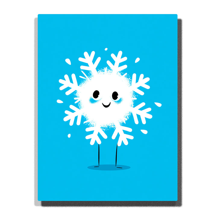 Smiling white snowflake character with fluffy center, black eyes, thin legs, bold snowflake arms, small snow splashes, and bright turquoise blue background, Paint by Numbers kit for kids by PaintEasy.