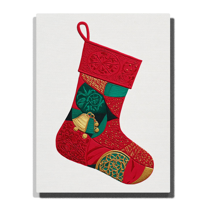 Red Christmas stocking with green patchwork panels, gold bell ornament, embossed floral fabric patterns, stitched gold accents, hanging loop, and neutral textured background, Paint by Numbers kit for kids by PaintEasy.