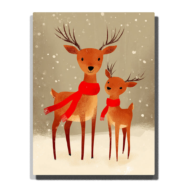 Two orange-brown reindeer wearing red scarves standing in falling snow, with dark antlers, soft beige winter background, white snowflakes, and gentle holiday animal details, Paint by Numbers kit for kids by PaintEasy.