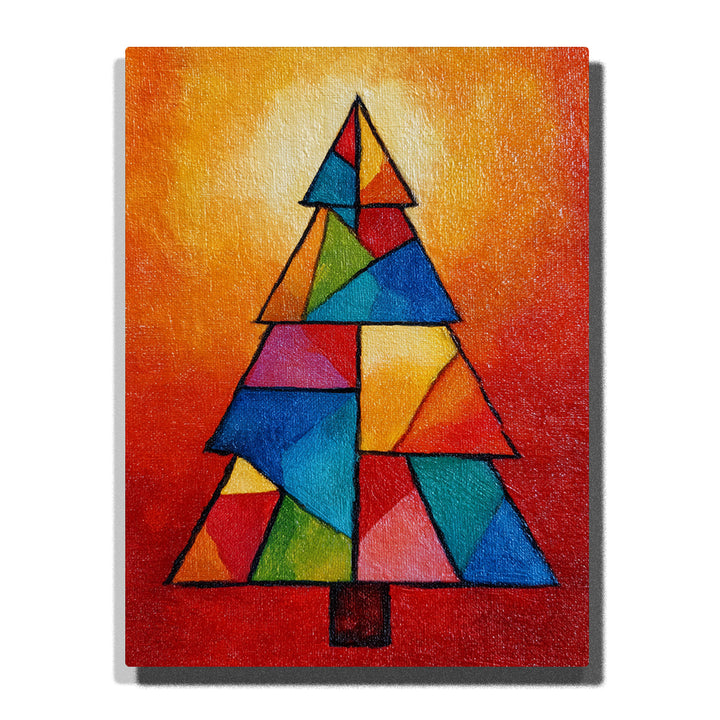 Colorful geometric Christmas tree made of red, yellow, blue, green, teal, pink and orange blocks, with black outlines, small trunk, and warm red-orange glowing background, Paint by Numbers kit for kids by PaintEasy.