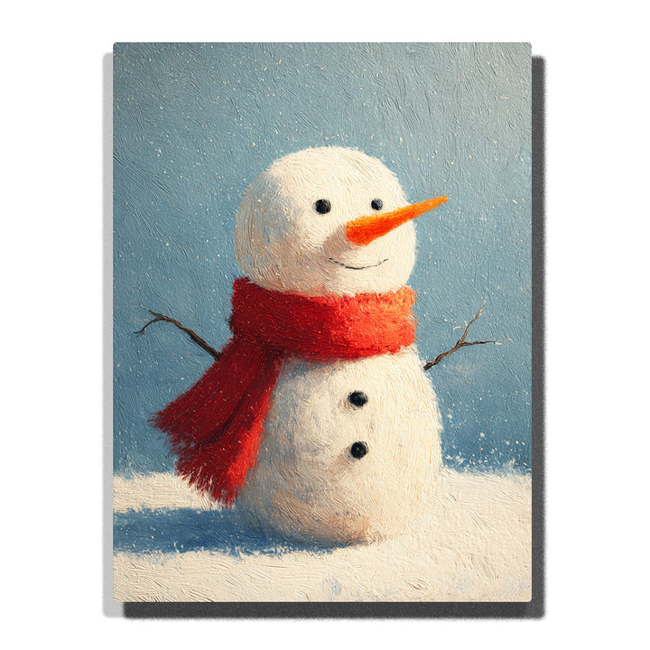 Smiling white snowman with red scarf, orange carrot nose, black buttons, twig arms, falling snow, blue-gray winter background, and soft snowy ground, Paint by Numbers kit for kids by PaintEasy.