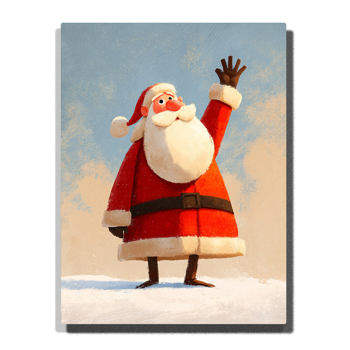 Waving Santa Claus in red suit with white beard, red hat, black belt, dark gloves, snowy ground, pale blue sky, and soft cream clouds, Paint by Numbers kit for kids by PaintEasy.