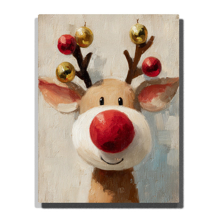 Close-up Christmas reindeer face with glossy red nose, cream muzzle, tan fur, dark brown antlers, red and gold ornaments, rounded ears, and soft neutral background, Paint by Numbers kit for kids by PaintEasy.

