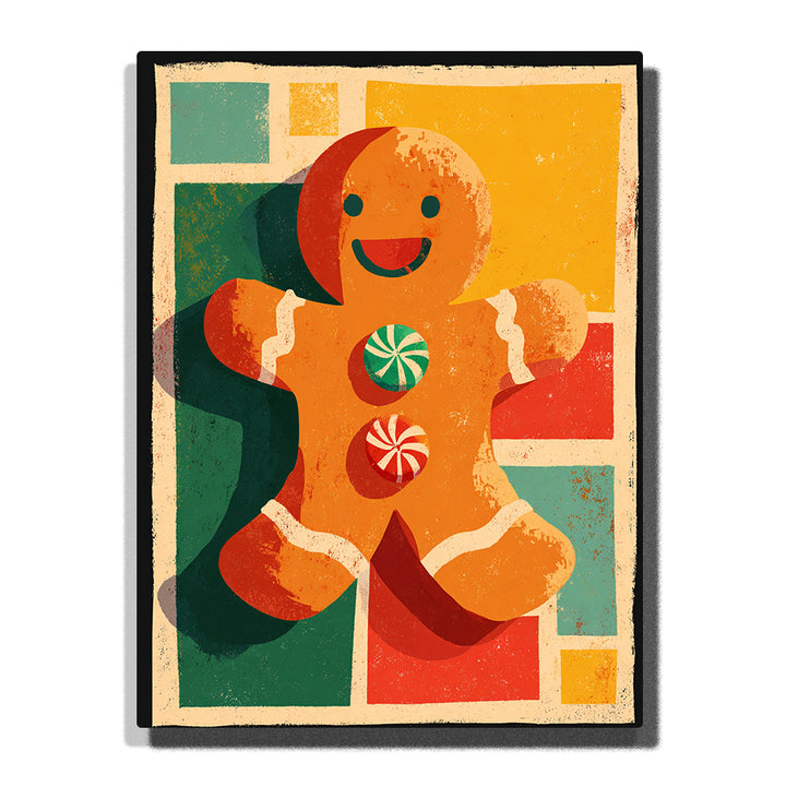Smiling gingerbread cookie with orange-brown body, peppermint swirl buttons, white icing trim, green eyes, red and green geometric blocks, yellow background, and festive holiday poster style, Paint by Numbers kit for kids by PaintEasy.