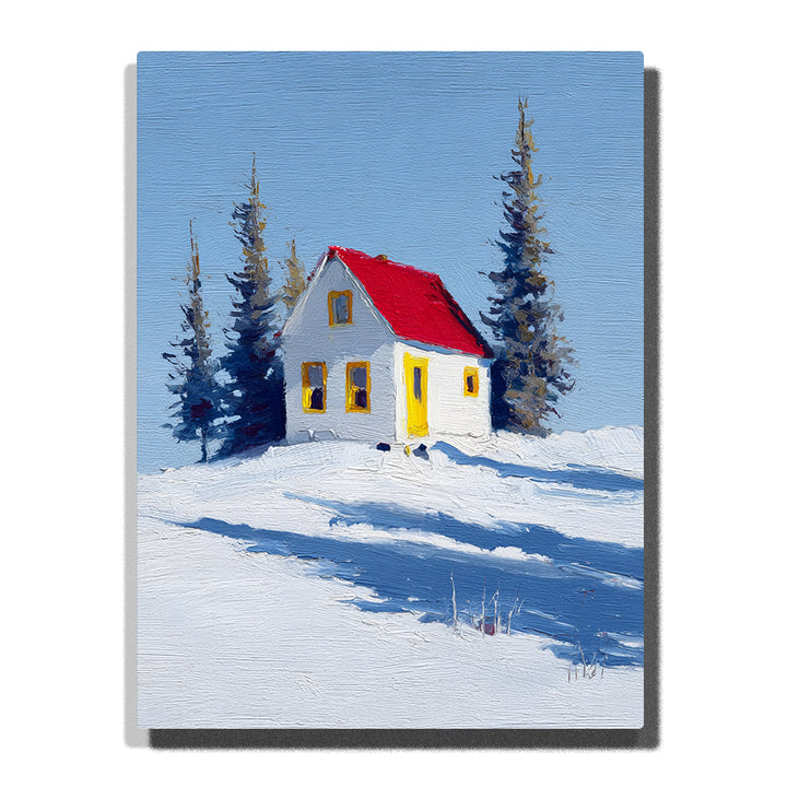 White winter cottage with bright red roof, yellow door, golden window frames, snowy ground, tall evergreen trees, blue shadows, and pale blue sky, Paint by Numbers kit for kids by PaintEasy.