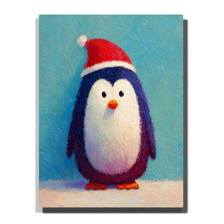 Christmas penguin wearing a red Santa hat, with navy-blue body, cream-white belly, orange beak and feet, snowy ground, and soft teal background, Paint by Numbers kit for kids by PaintEasy.