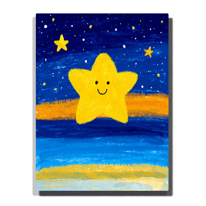 Smiling yellow star on a deep blue night sky with small yellow stars, white dots, golden horizon bands, vivid blue stripes, and soft painterly texture, Paint by Numbers kit for kids by PaintEasy.