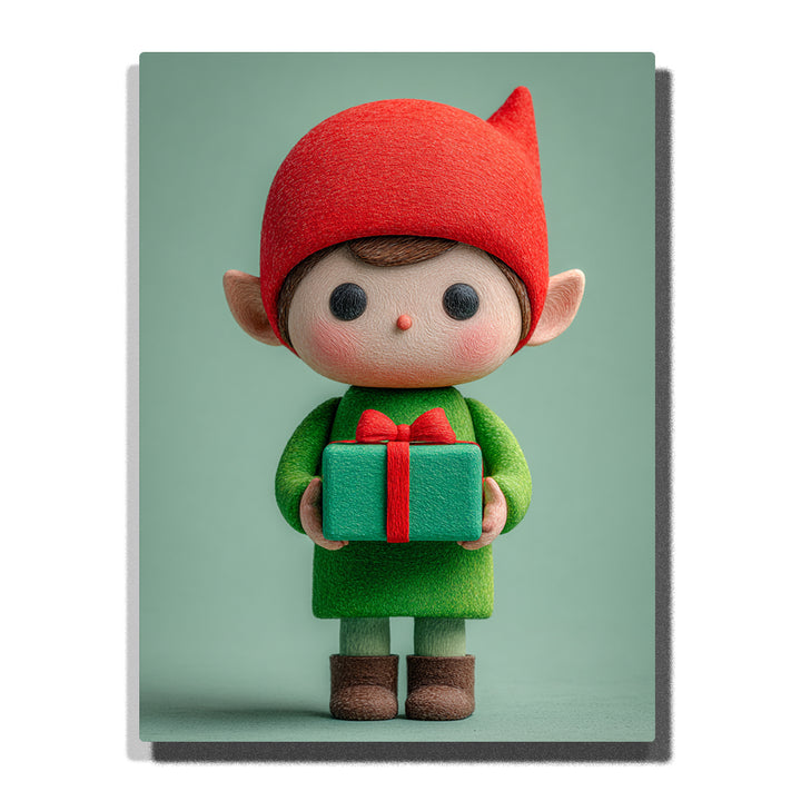 Christmas elf with red pointed hat, green outfit, rosy cheeks, pointed ears, brown boots, and green gift box with red ribbon on a sage background, Paint by Numbers kit for kids by PaintEasy.