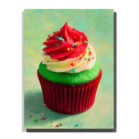 Christmas cupcake with red frosting swirl, green cake base, cream-white icing, red wrapper, colorful candy sprinkles, pale mint background, and soft tabletop shadows, Paint by Numbers kit for kids by PaintEasy.
