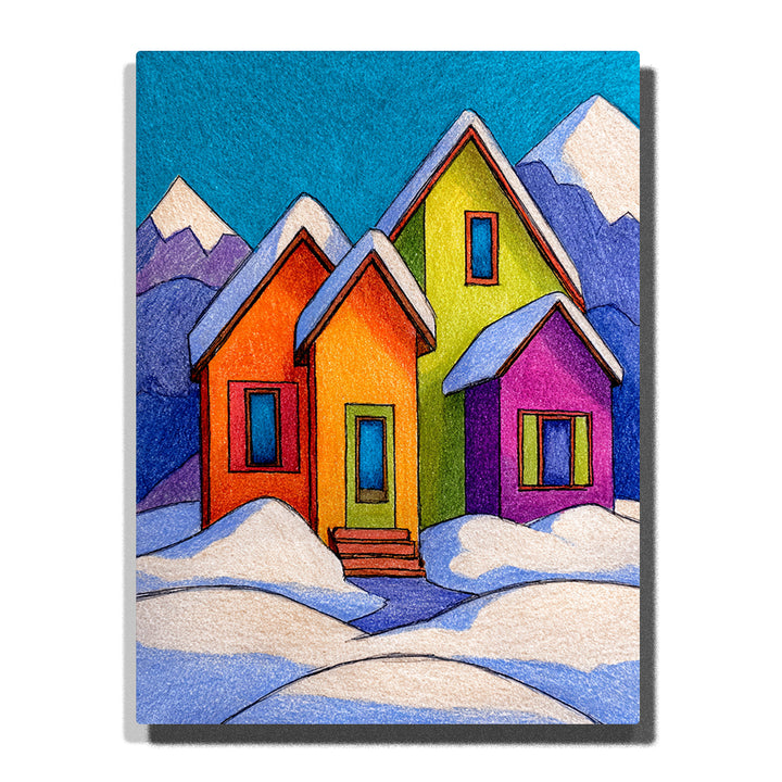 Colorful snowy village with orange, yellow, green and purple houses, white snowdrifts, purple-blue mountains, snowcapped peaks, and turquoise sky, Paint by Numbers kit for kids by PaintEasy.