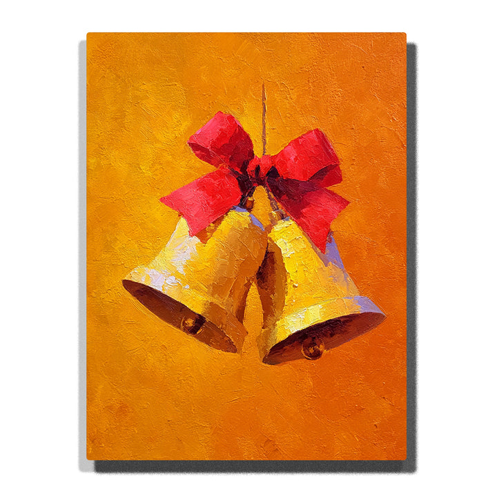 Golden Christmas bells with a bright red bow, warm orange background, white highlights, dark bell openings, small clappers, and festive painterly texture, Paint by Numbers kit for kids by PaintEasy.