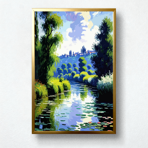 Garden pond with green trees, soft grassy banks, blue water reflections, white clouds, pale water lilies, distant hills, and Monet inspired daylight landscape, Paint by Numbers kit for kids by PaintEasy.