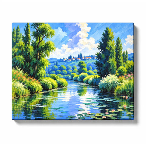 Garden Pond with Green Trees and Water Reflections