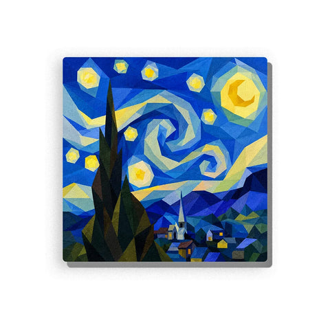 Van Gogh Starry Night Paint by Numbers for Kids featuring geometric swirling blue sky, yellow stars, crescent moon, dark cypress tree, mountains and village