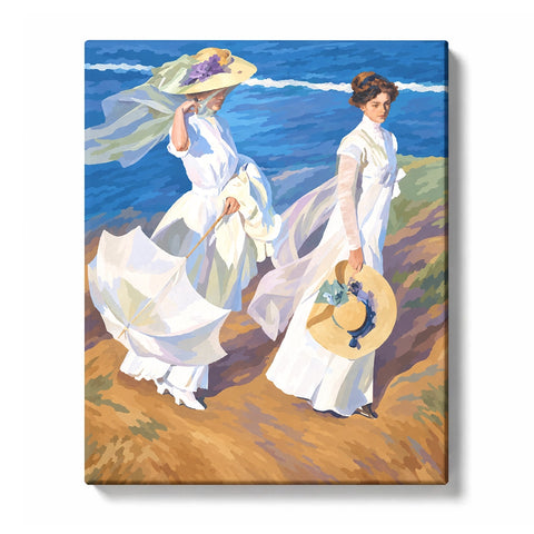 Sorolla seashore scene with two women in white dresses beside blue surf