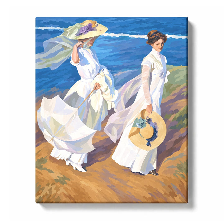 Sorolla seashore scene with two women in white dresses beside blue surf