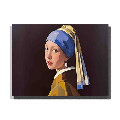 Girl with a Pearl Earring 1665 portrait with blue and yellow headscarf, pearl earring, soft face lighting, dark background, and famous painting style for PaintEasy Paint by Numbers.