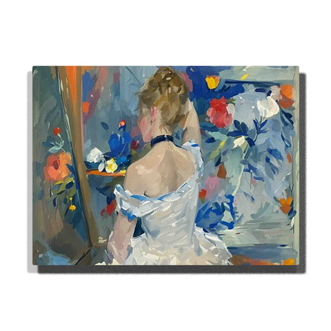 Hide and Seek Berthe Morisot 1873 figure scene with woman in white dress, floral background, blue-gray interior tones, and famous painting style for PaintEasy Paint by Numbers.