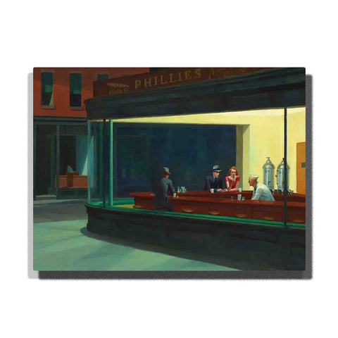 Nighthawks Edward Hopper 1942 diner scene with late-night city street, glowing glass window, seated figures, curved counter, and classic famous painting style for PaintEasy Paint by Numbers.