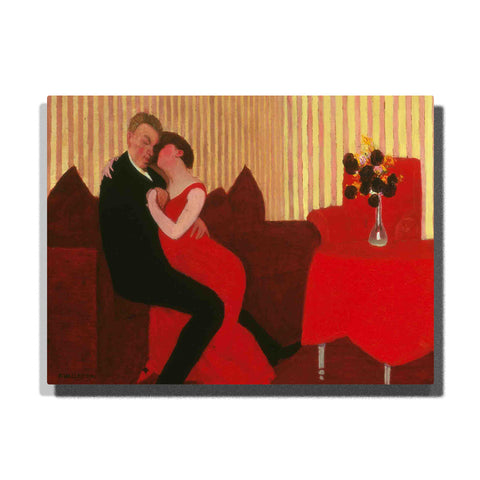 The Lie Félix Vallotton 1897 couple embrace scene with red dress, dark suit, striped wallpaper, red table, flower vase, and famous painting style for PaintEasy Paint by Numbers.