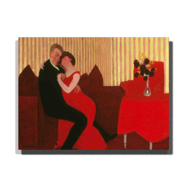 The Lie Félix Vallotton 1897 couple embrace scene with red dress, dark suit, striped wallpaper, red table, flower vase, and famous painting style for PaintEasy Paint by Numbers.