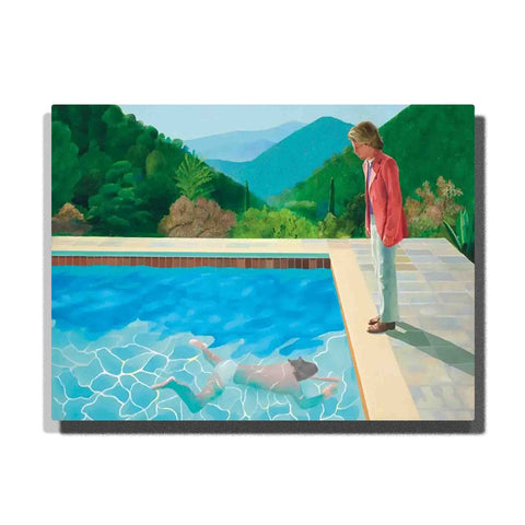 Pool with Two Figures David Hockney 1972 swimming pool scene with standing figure, underwater swimmer, blue water, green hills, and famous painting style for PaintEasy Paint by Numbers.