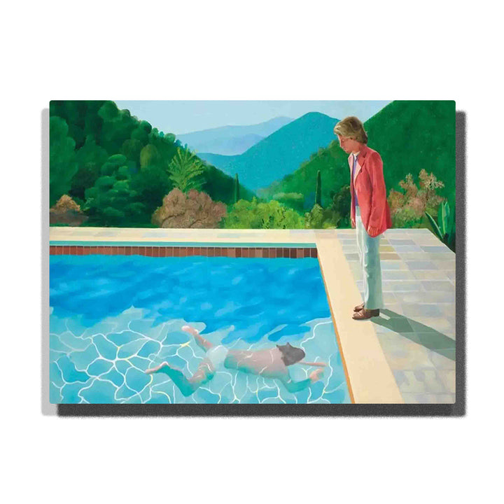 Pool with Two Figures David Hockney 1972 swimming pool scene with standing figure, underwater swimmer, blue water, green hills, and famous painting style for PaintEasy Paint by Numbers.