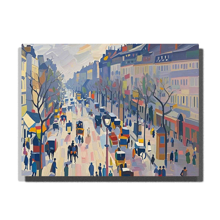 The Boulevard Montmartre on a Winter Morning Camille Pissarro 1897 Paris street scene with carriages, pedestrians, winter trees, buildings, and famous painting style for PaintEasy Paint by Numbers.