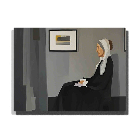 Whistler's Mother 1871 seated woman portrait with black dress, white head covering, gray wall, framed picture, and famous painting style for PaintEasy Paint by Numbers.
